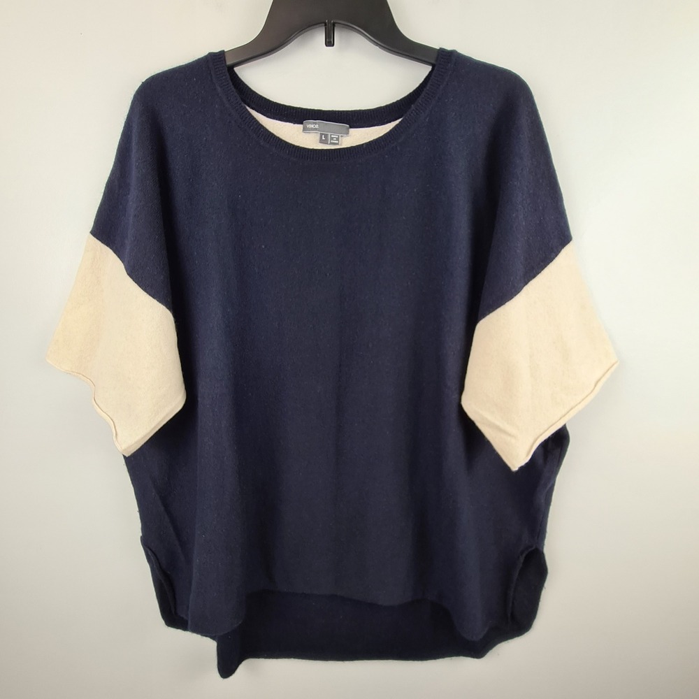 Vince 100% Cashmere Colorblock Dolman Short Sleeve Sweater Navy Blue Cream L